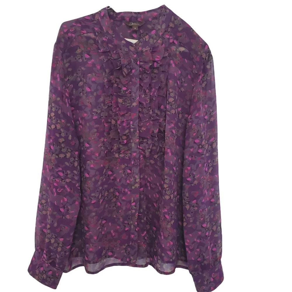 Jessica Art Deco Abstract Pattern Ruffle Front Button Down Blouse